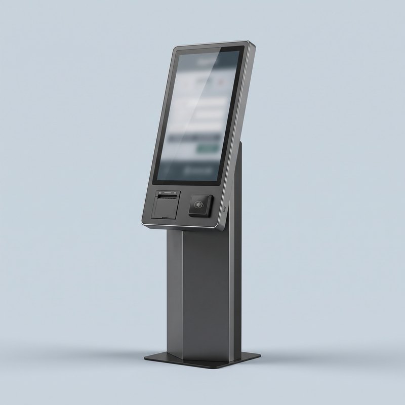 Borne de commande en libre-service avec écran tactile, imprimante de tickets et lecteur de paiement sans contact
