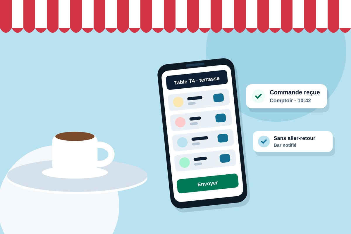 En terrasse, le serveur prend la commande sur son smartphone sans revenir au comptoir