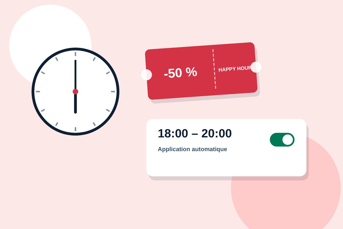 Une happy hour programmée de 18 h à 20 h s'applique automatiquement à l'encaissement
