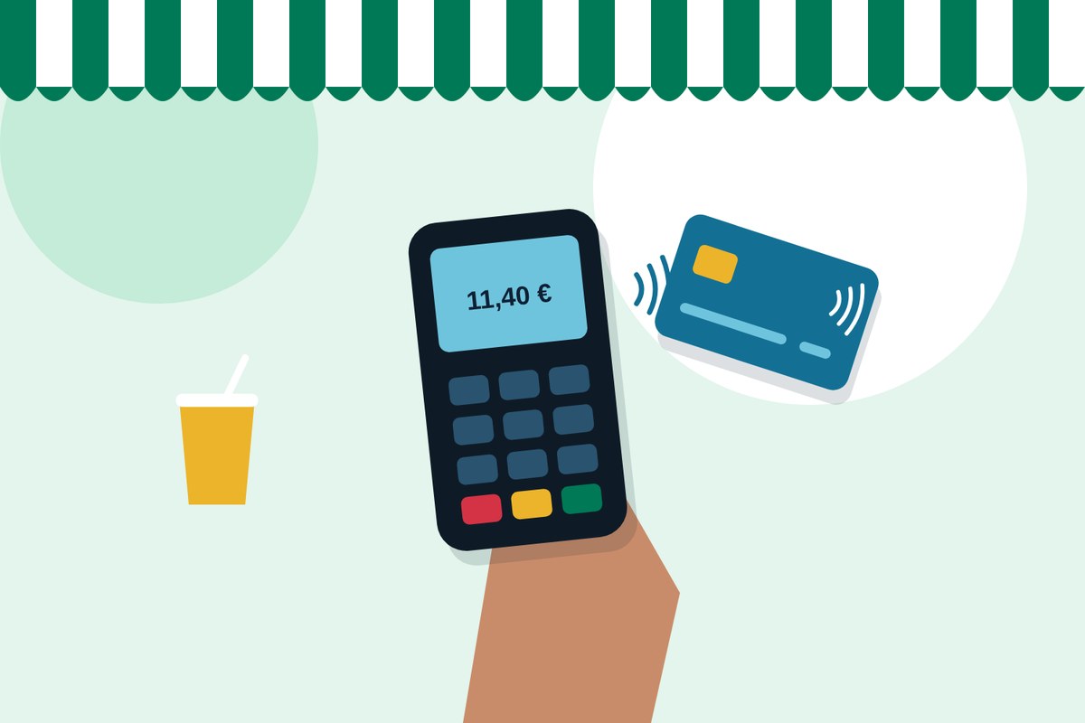 Le serveur encaisse en terrasse avec un terminal de paiement mobile