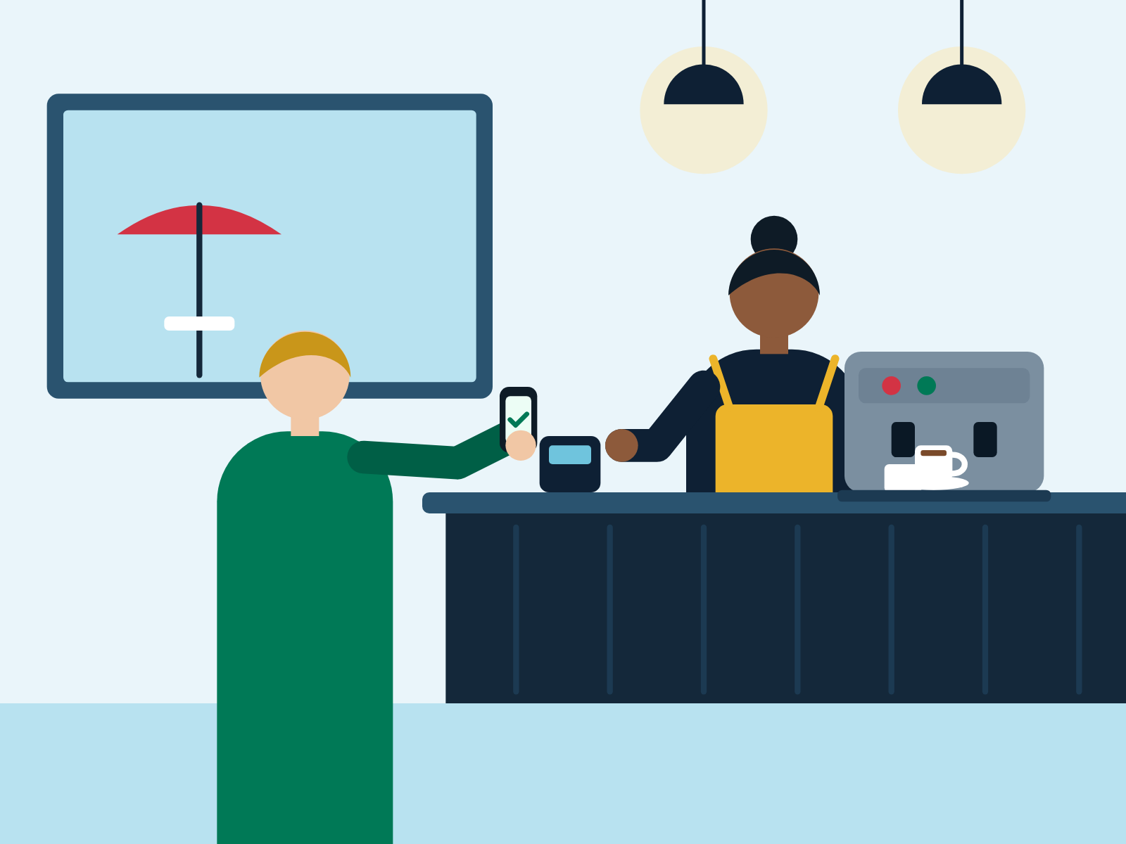 Dans un café, la barista prépare un expresso pendant qu'un client paie sans contact ; la terrasse se devine par la vitrine