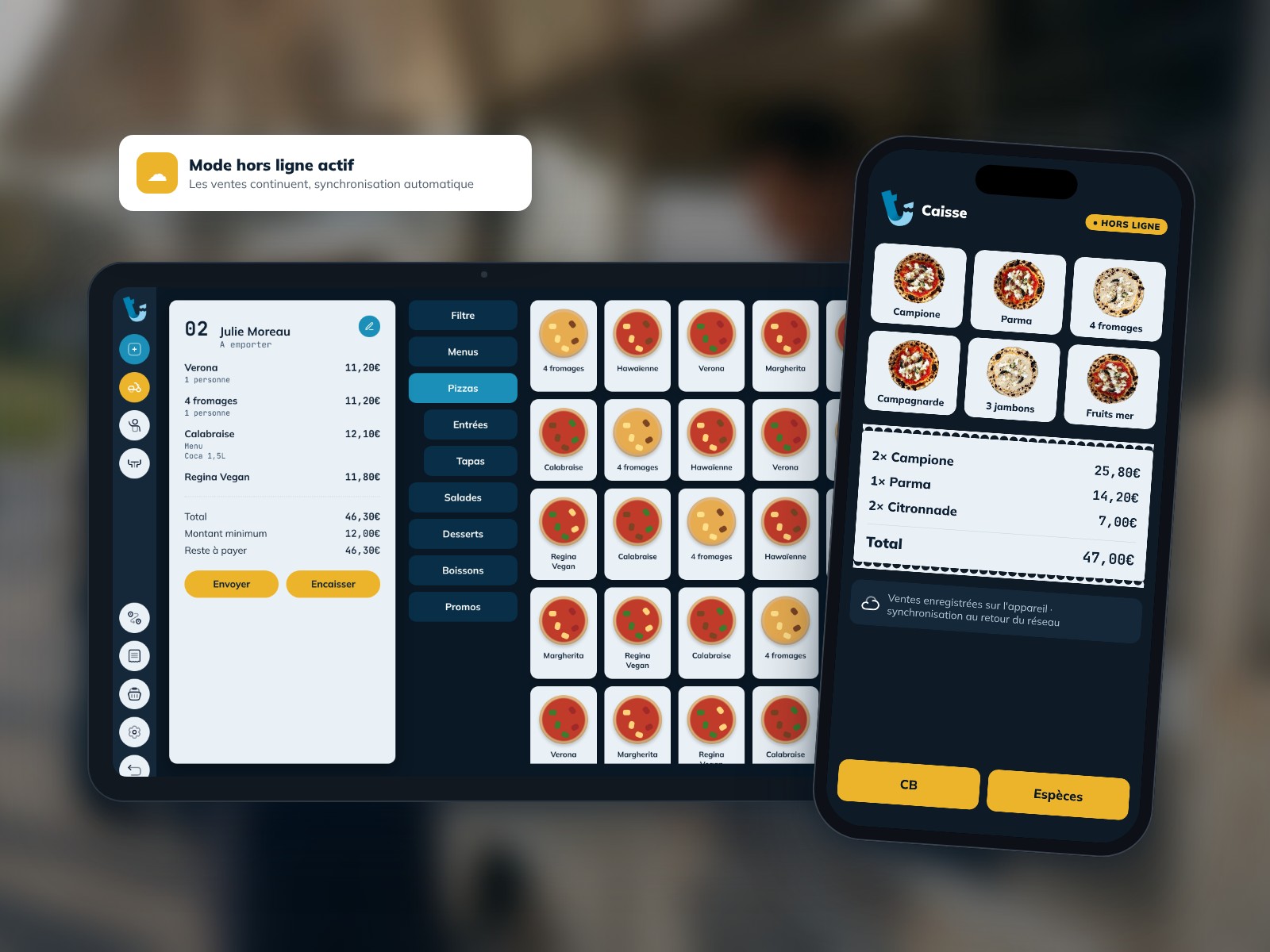 Caisse Tick'eat sur tablette et smartphone en mode hors ligne devant un food truck
