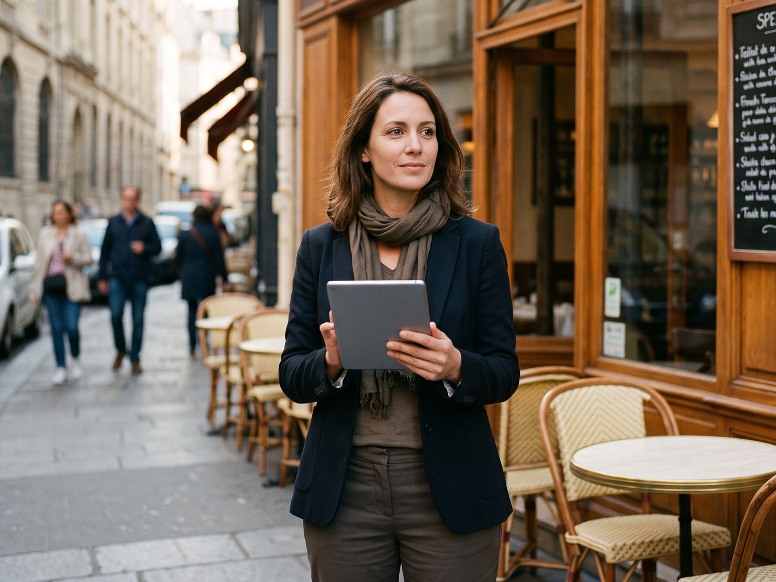 Une responsable de réseau, tablette en main, devant l'un de ses établissements