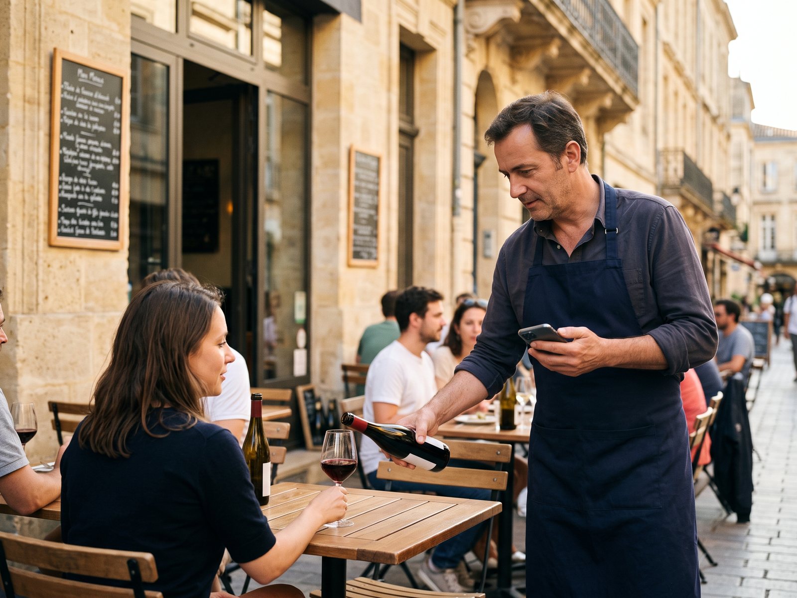 Sur la terrasse d'un bar à vin bordelais en pierre blonde, le patron sert un verre et encaisse sur smartphone