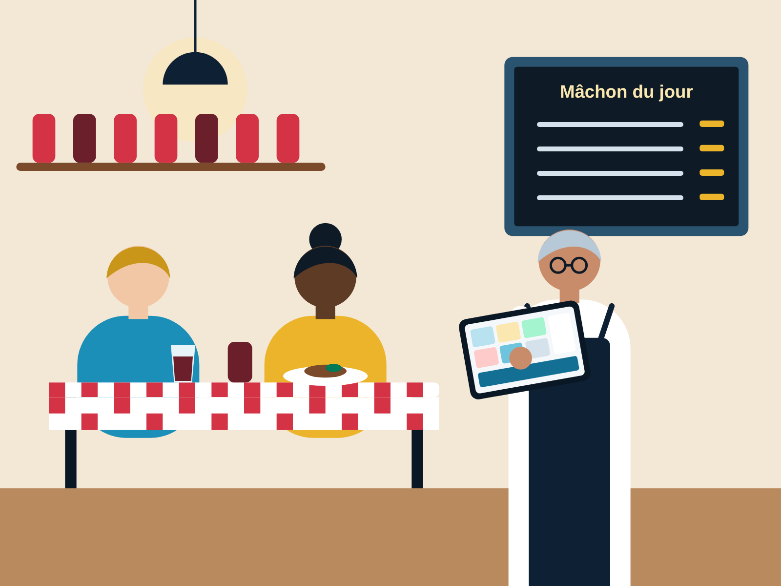 Dans un bouchon lyonnais, nappes à carreaux et ardoise, le patron prend la commande sur sa tablette