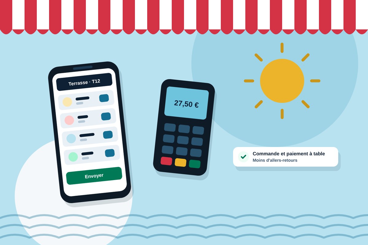 Sur une terrasse marseillaise au soleil, le serveur commande et encaisse à table