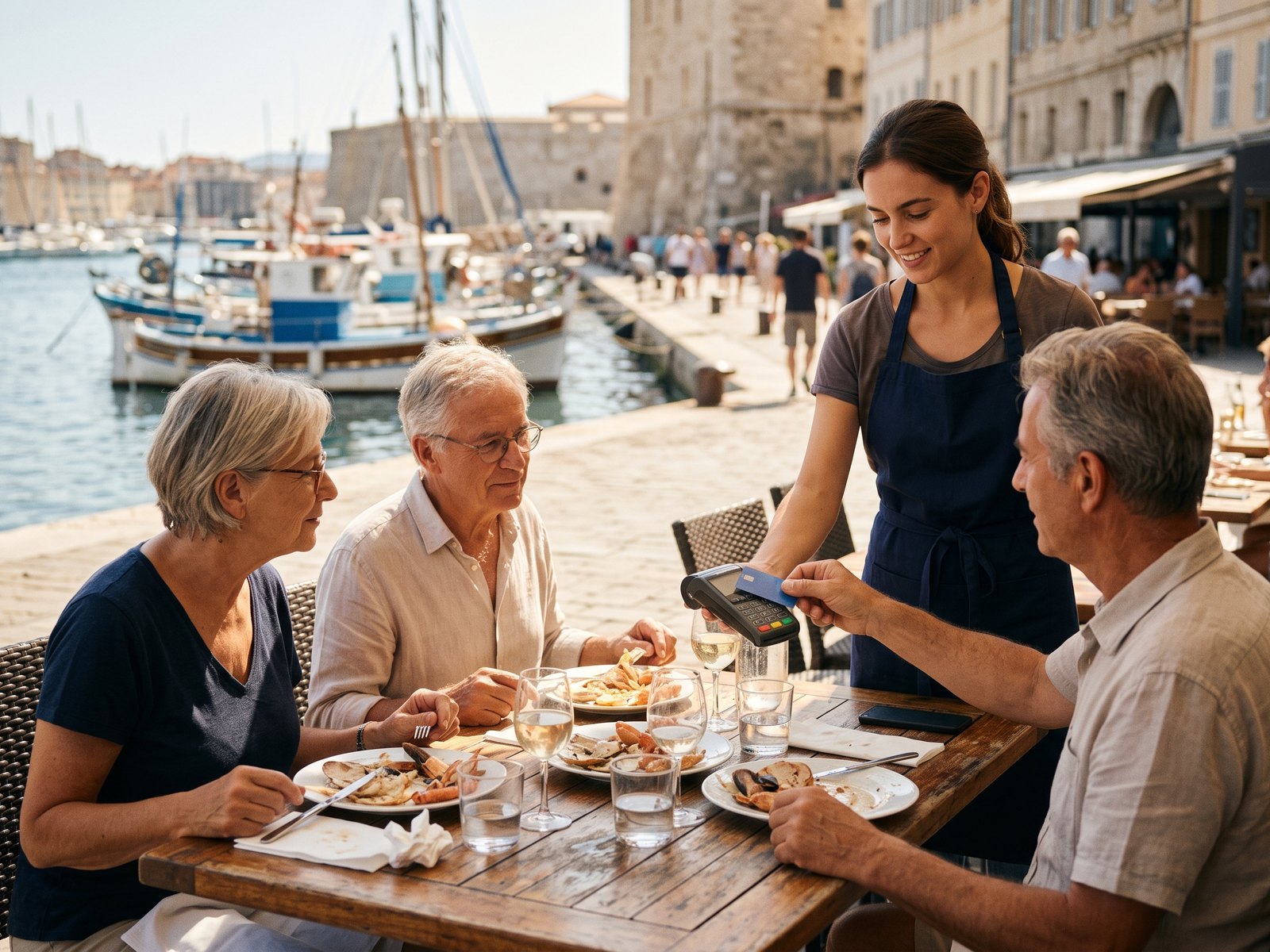 Serveuse encaissant des clients à table avec un terminal de paiement sur une terrasse du Vieux-Port de Marseille
