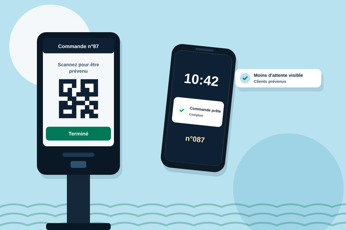 Une borne avec QR code et un client prévenu sur son téléphone quand sa commande est prête