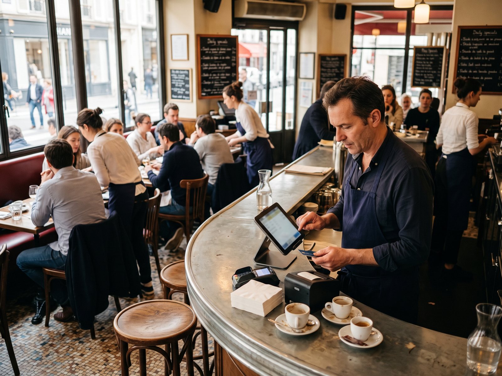 Dans un bistrot parisien au comptoir en zinc, le patron encaisse sur sa tablette pendant le service du midi
