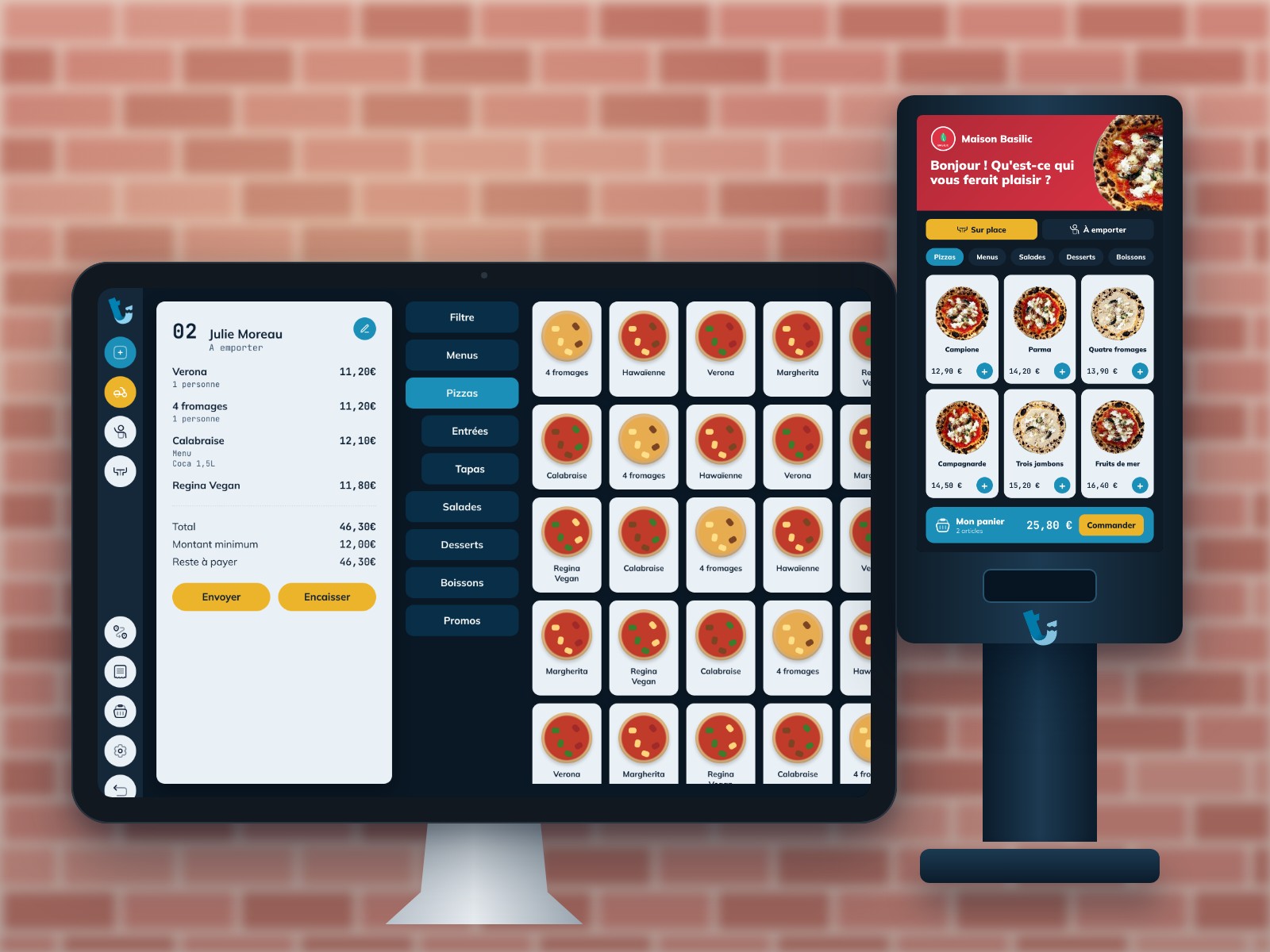 Caisse sur tablette et borne de commande Tick'eat devant un mur de briques roses