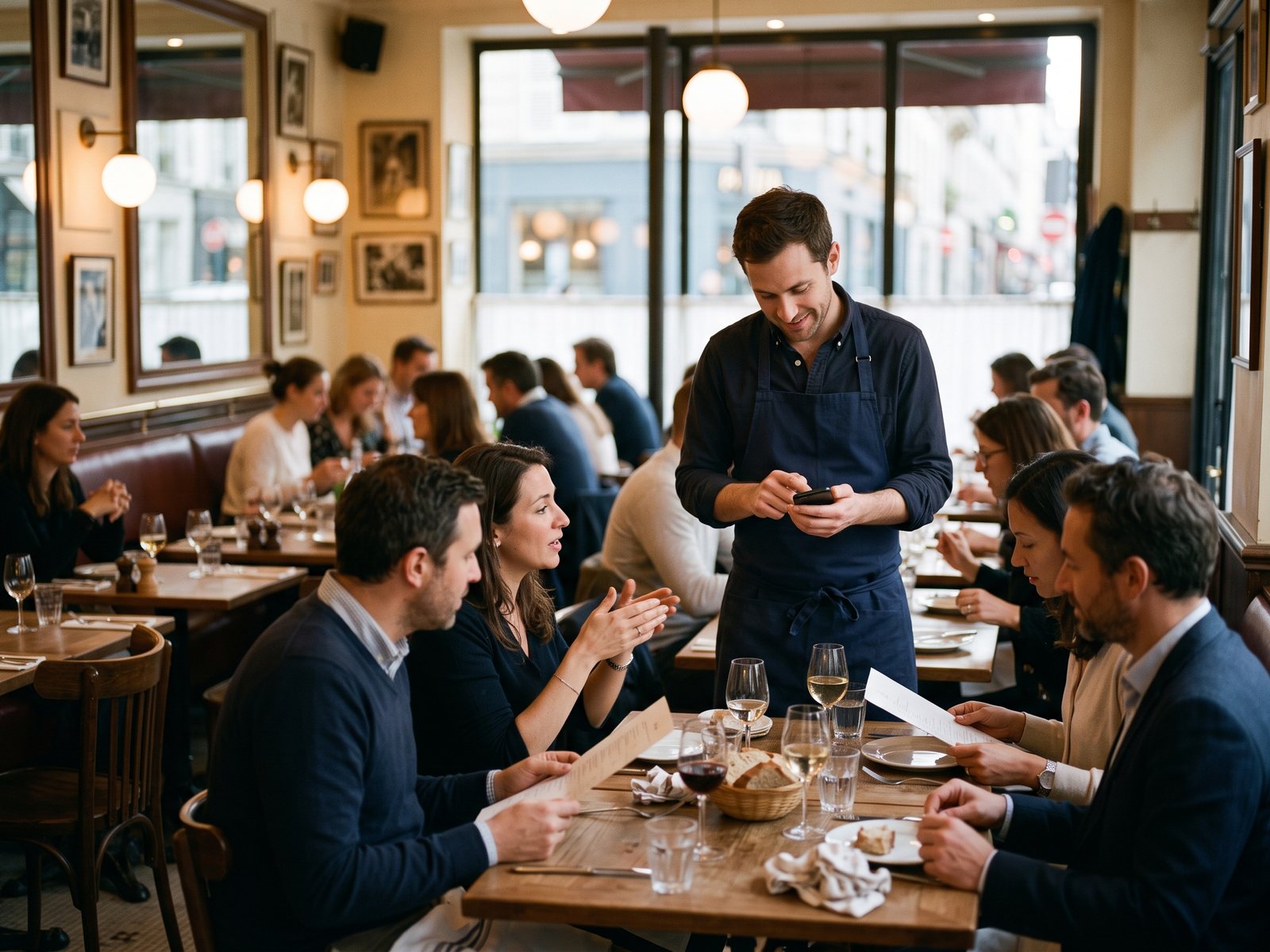 Dans un restaurant traditionnel plein le soir, un serveur prend la commande sur smartphone